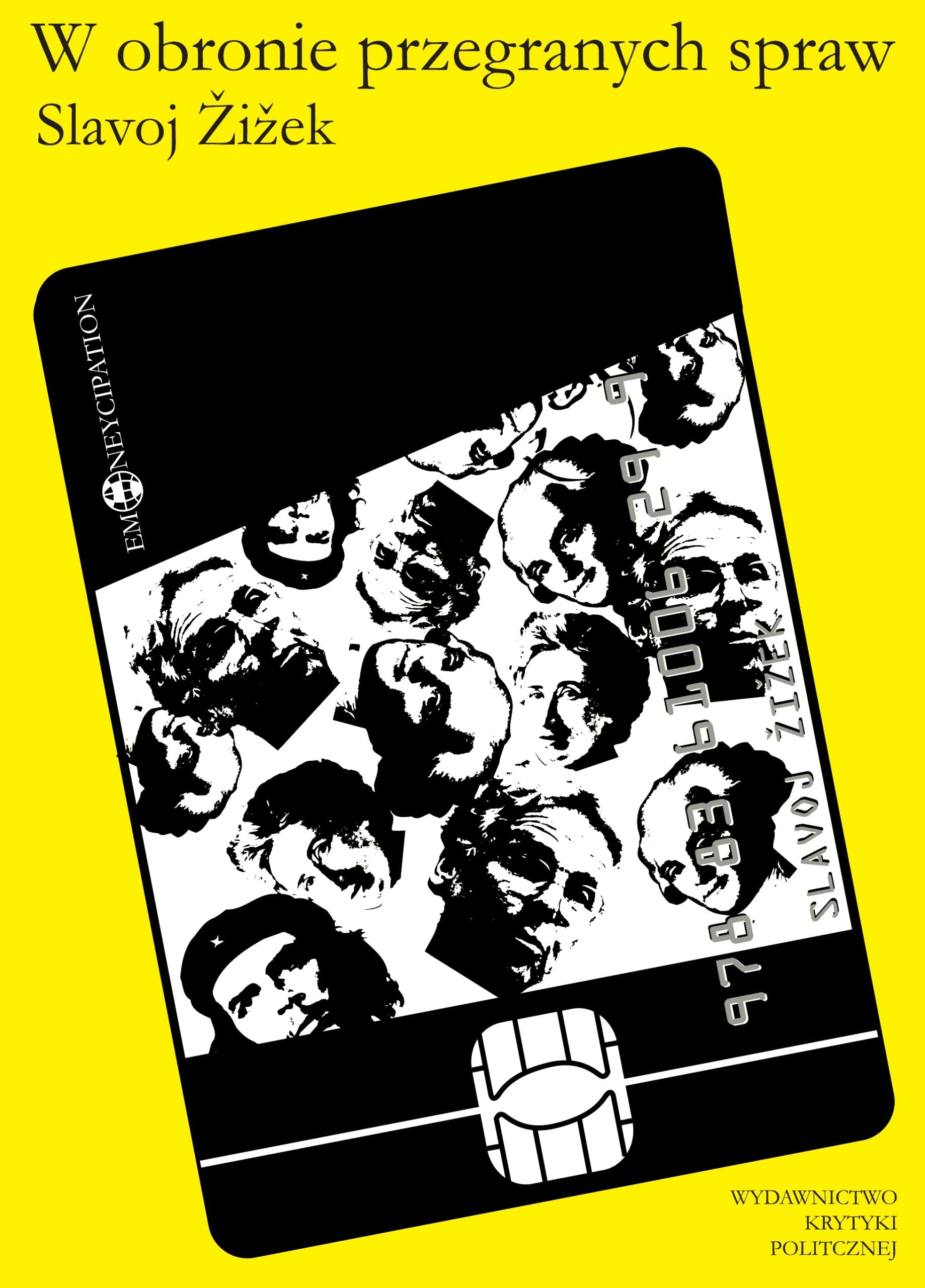 Book cover: bright yellow poster with a tilted black device showing a black-and-white face collage; Polish title about Slavoj Žižek and publisher at bottom.
