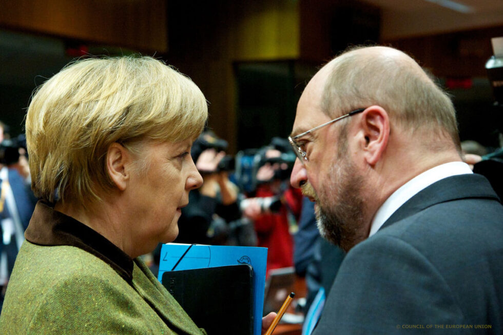 Angela Merkel i Martin Schulz, 2013 rok. Fot. Herman Van Rompuy, Flickr.com
