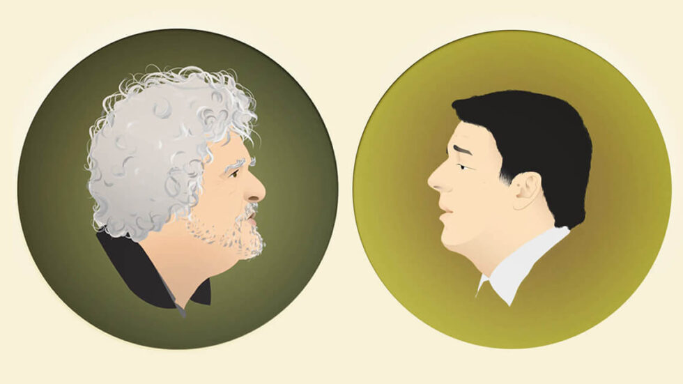 Beppe Grillo i Matteo Renzi. Ilustracja: Elena Dan, Wszystkie prawa zastrzeżone