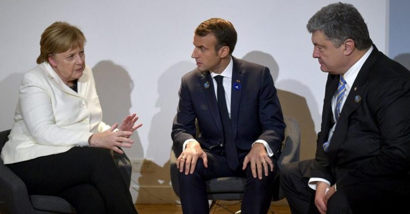 Angela Merkel, Emmanuel Macron, Petro Poroszenko. Fot. administracja prezydenta Ukrainy, CC BY 4.0