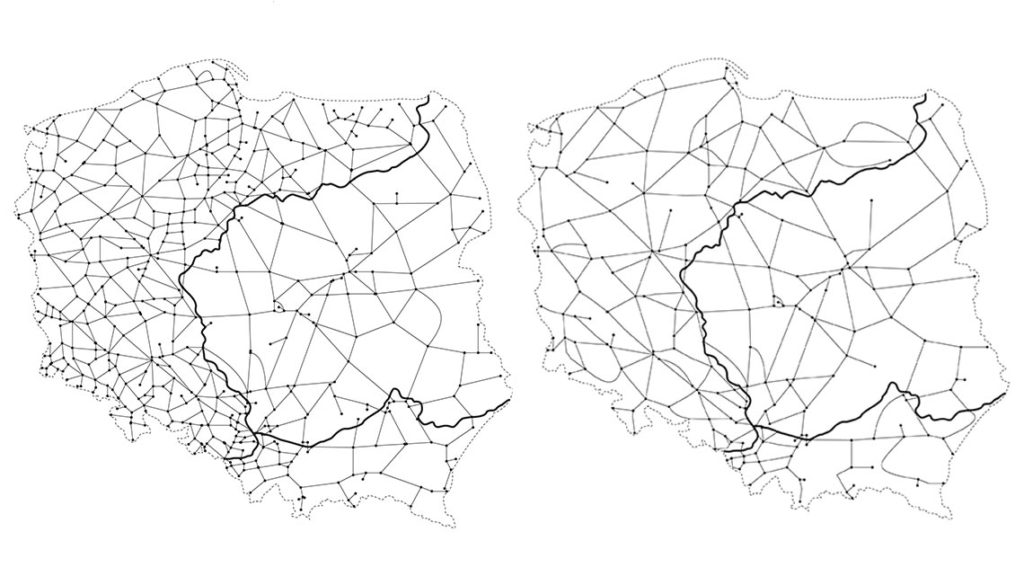 Mapy pokazujące różnice w liczbie linii kolejowych w roku 1989 (po lewej) i 2009 (po prawej)