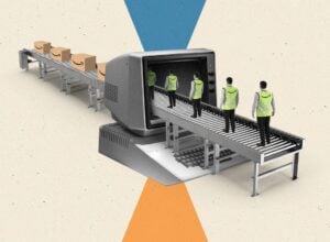 Grafika przedstawia osoby na taśmie produkcyjnej, z której wychodzą jako gotowe do wysłania paczki