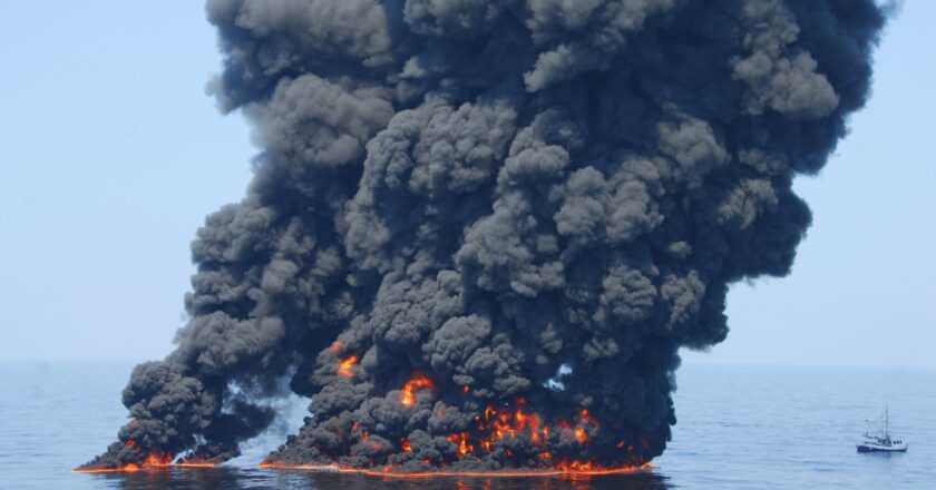 Wypalanie ropy po awarii platformy Deepwater Horizon w Zatoce Meksykańskiej Fot. Coast Guard/John Masson/flickr.com