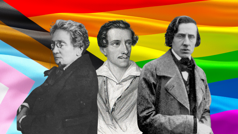 Three grayscale historical figures cut out against a bright rainbow Pride flag, symbolizing LGBTQ history and inclusion.