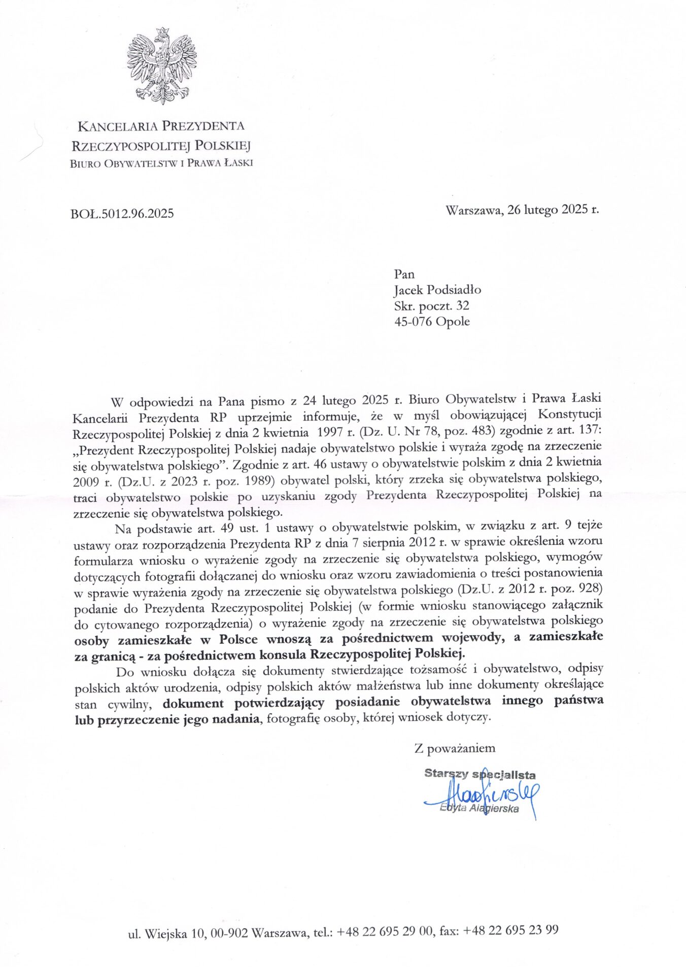 Pismo kancelarii prezydenta do Jacka Podsiadły 
