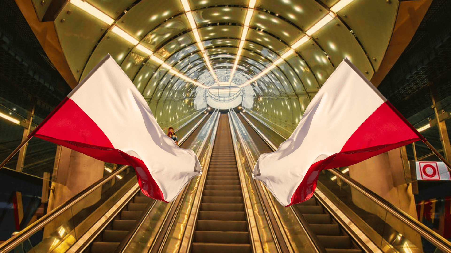 Nowoczesna stacja metra w Warszawue, ruchome schody, po bokach dwie polskie flagi