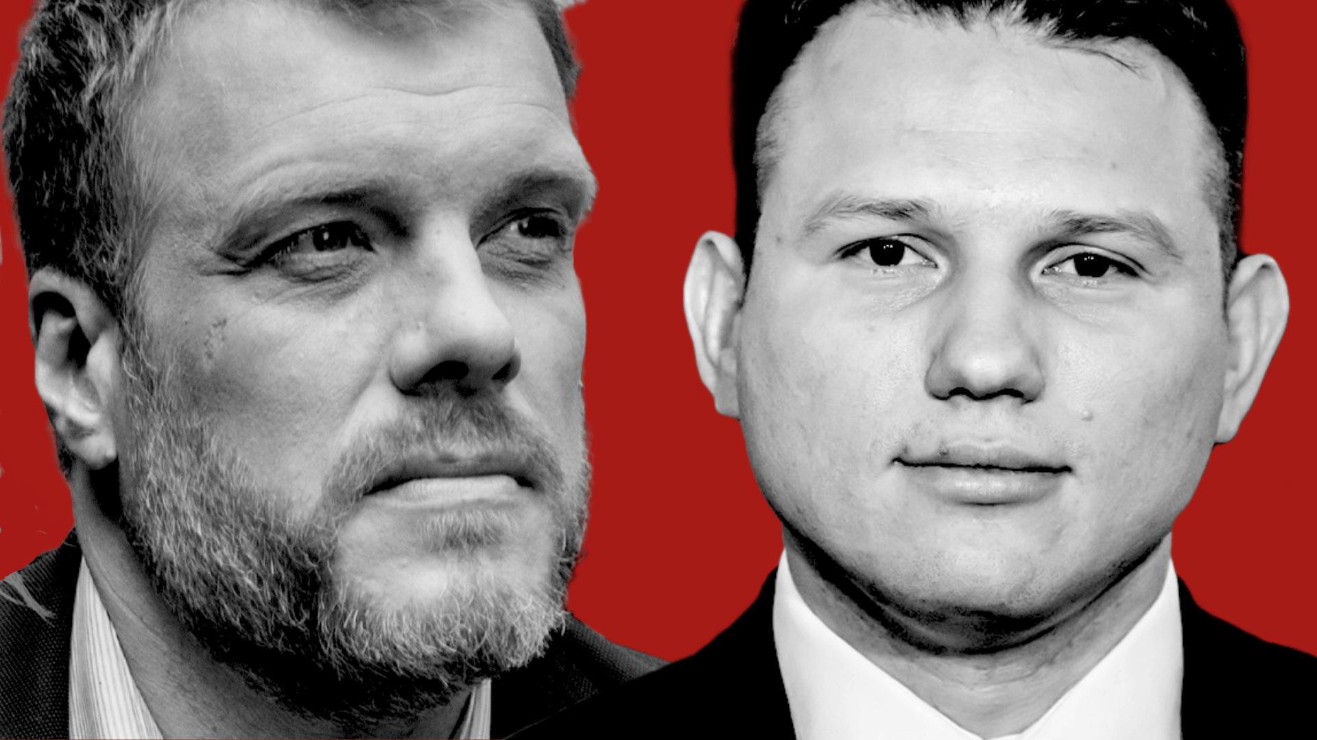 Biało-czarne twarze Adriana Zandberga i Sławomira Mentzena na czerwonym tle