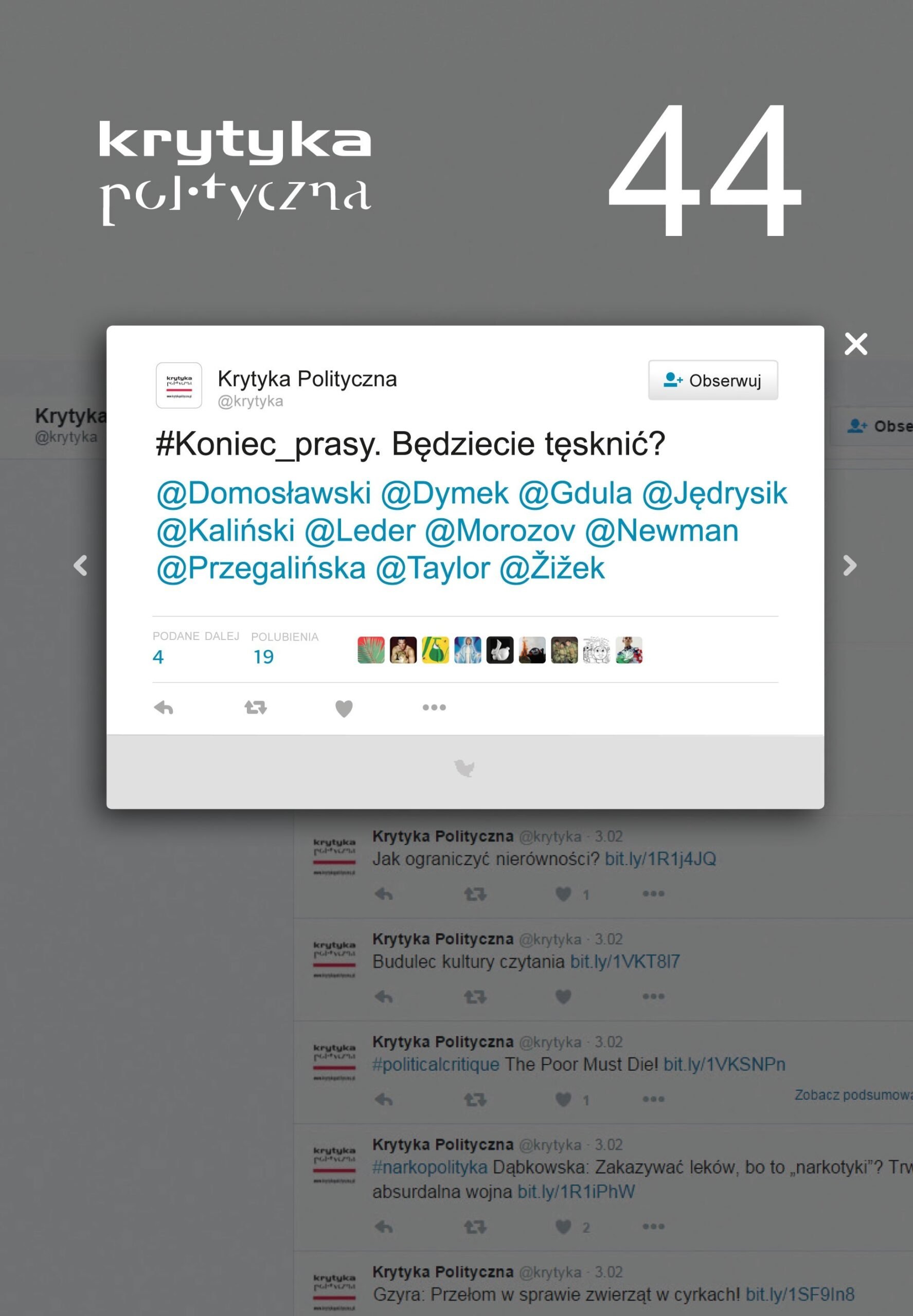 okładka pisma Krytyka Polityczna nr 44: Koniec prasy. Będziecie tęsknić?
