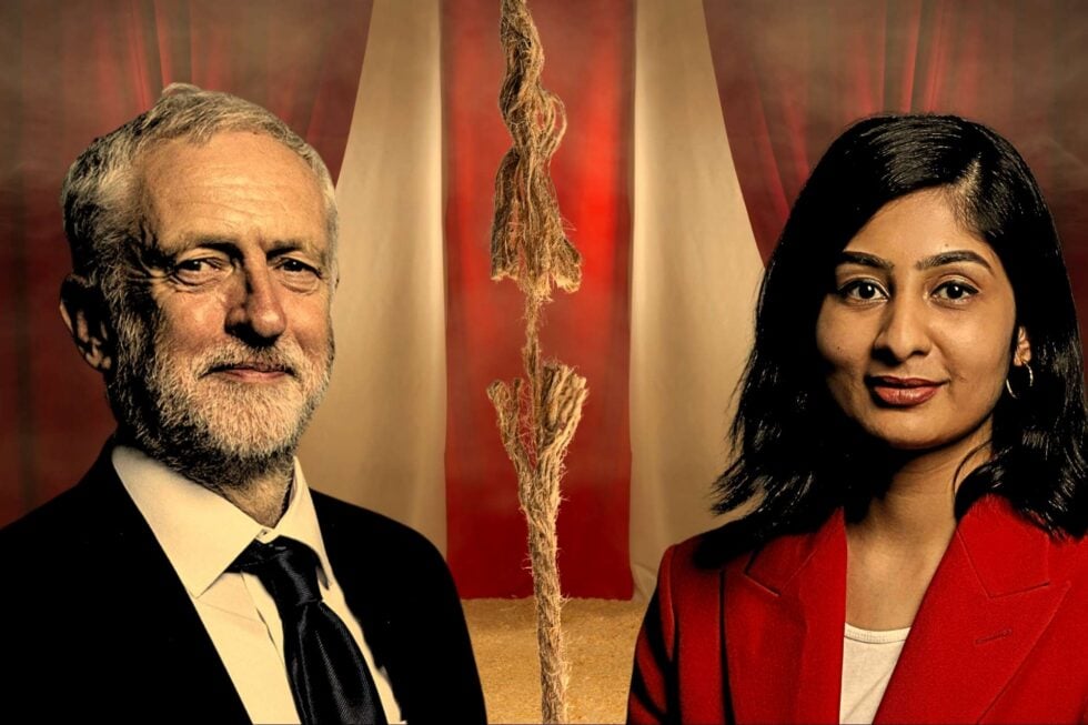 Jeremy Corbyn i Zorah Sultana na tle cyrkowej areny, pomiędzy nimi pionowa przerywająca się lina