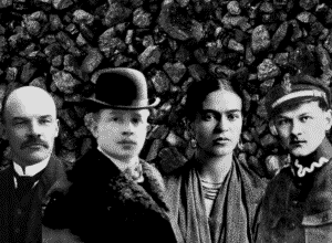 Włodzimierz Lenin, Wojciech Korfanty, Frida Kahlo i Władysław Broniewski, czarno-białe fotografie na tle grud węgla