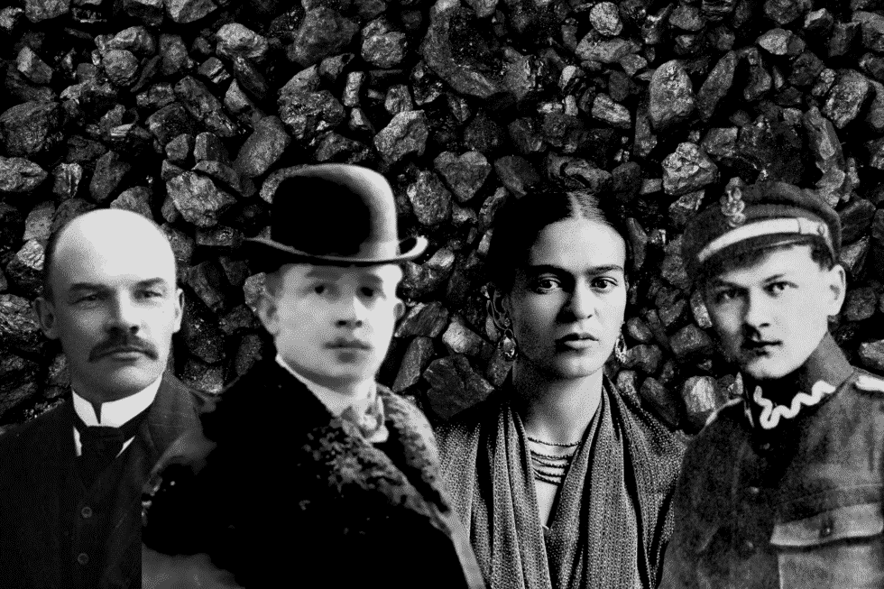Włodzimierz Lenin, Wojciech Korfanty, Frida Kahlo i Władysław Broniewski, czarno-białe fotografie na tle grud węgla