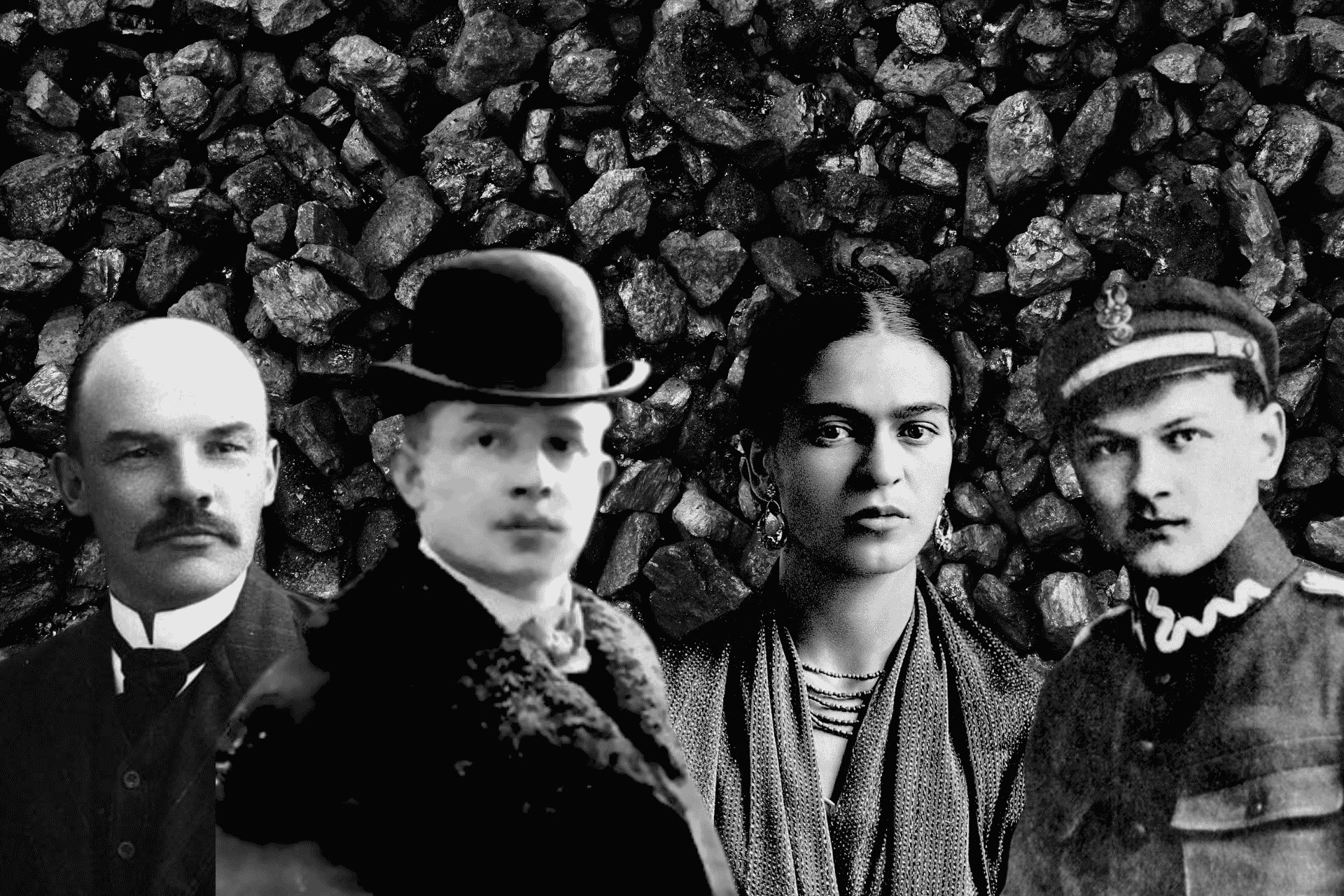 Włodzimierz Lenin, Wojciech Korfanty, Frida Kahlo i Władysław Broniewski, czarno-białe fotografie na tle grud węgla