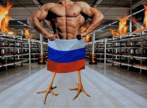 Muskularny tors zasłaniający biodra rosyjską flagą, spod której wystają chude kurze nogi. Z tyłu widać rzędy pustych sklepowych półek, które płoną