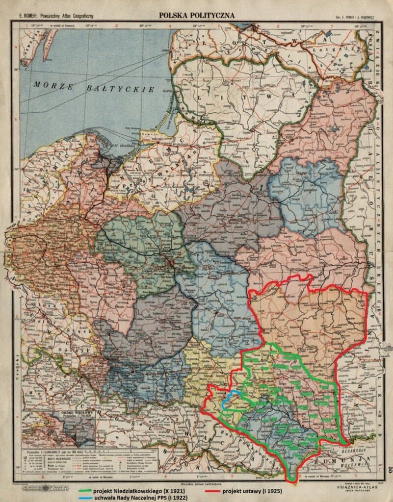 Mapa: granice autonomii ukraińskiej wg projektów PPS z okresu międzywojennego