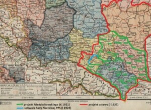 Mapa: granice autonomii ukraińskiej wg projektów PPS z okresu międzywojennego