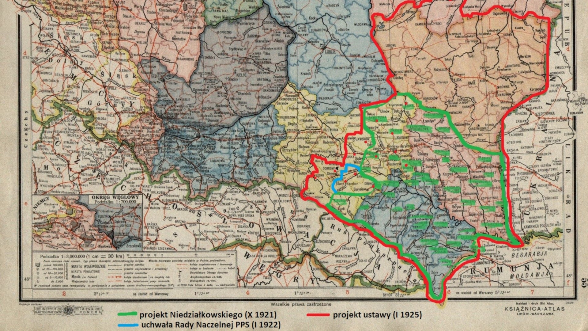 Mapa: granice autonomii ukraińskiej wg projektów PPS z okresu międzywojennego