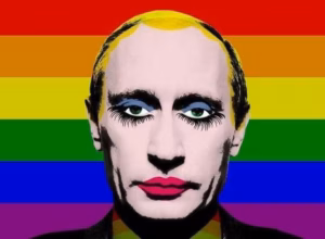 Władimir Putin na tle tęczowej flagi z pomalowanymi ustami i cieniem na powiekach.