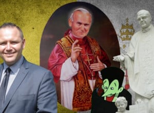 Karol Nawrocki, Jan Paweł II, Josemaría Escrivá i szpieg z Krainy Deszczowców na tle flagi Watykanu