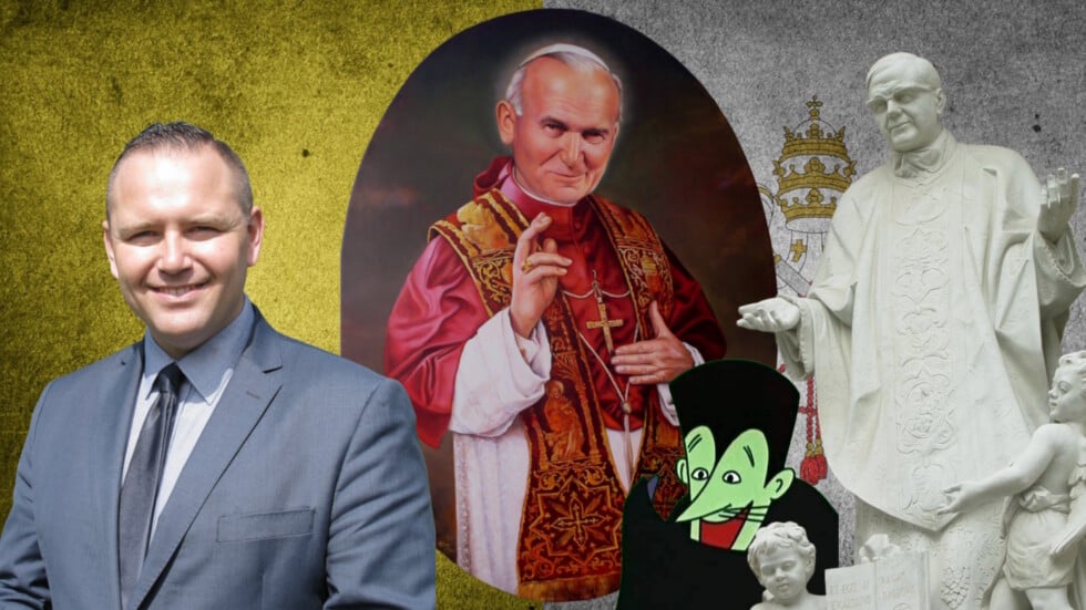 Karol Nawrocki, Jan Paweł II, Josemaría Escrivá i szpieg z Krainy Deszczowców na tle flagi Watykanu