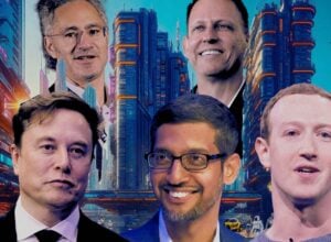 Supernowoczesne miasto z wieżowcami, między nimi: Alex Karp, Elon Musk, Peter Thiel, Sundar Pichai i Mark Zuckerberg