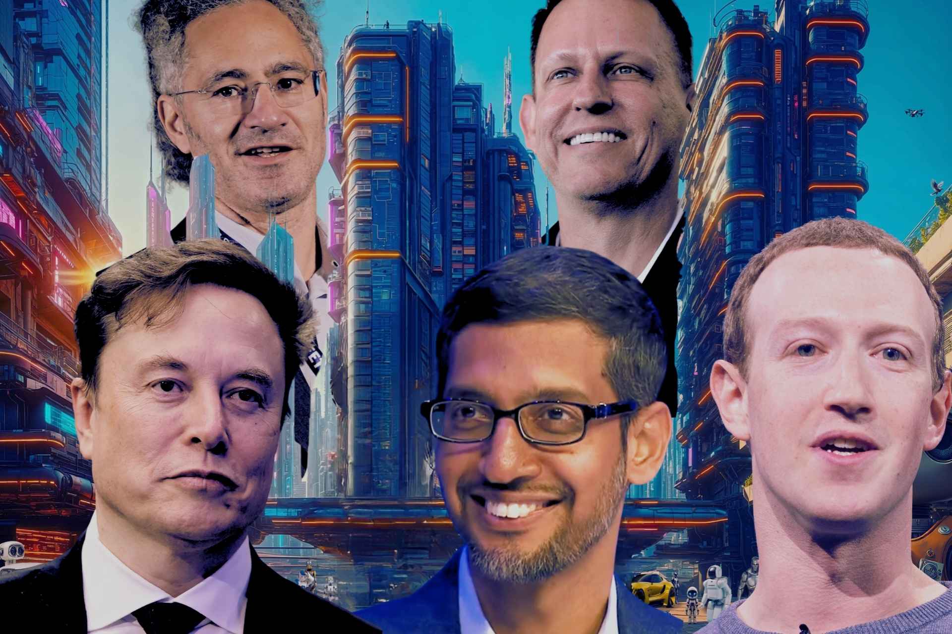 Supernowoczesne miasto z wieżowcami, między nimi: Alex Karp, Elon Musk, Peter Thiel, Sundar Pichai i Mark Zuckerberg