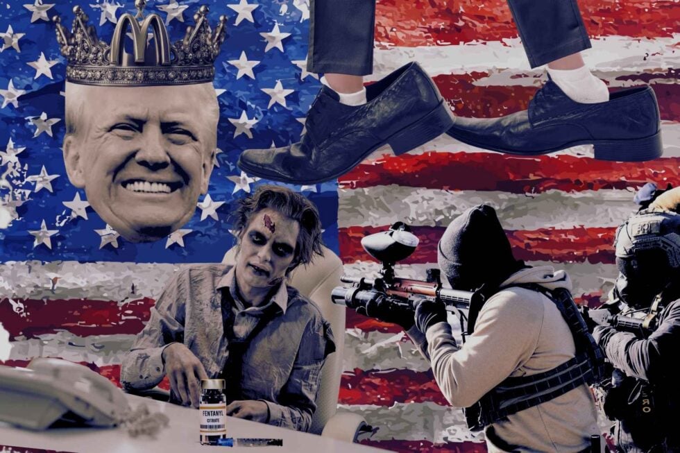 W tle poszarpana flaga USA, na niej w lewym górnym rogu twarz Donalda Trumpa w koronie z logo McDonald's, pod nią mężczyzna-zombie przy biórku, po prawej stronie dwóch zamaskowanych funkcjonariuszy ICE z karabinami, po prawej stronie u góry nogi w ogromnych, za dużych butach