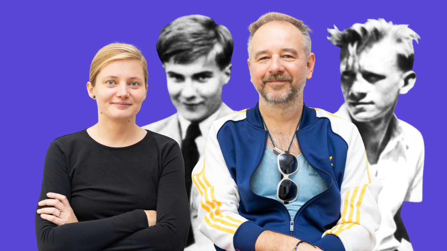 Vendula Czabak i Krzysztof Tomasik na tle motywu z okładki książki "Zośka i Rudy"