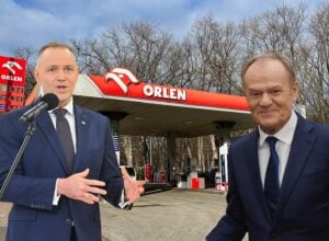Prezydent Nawrocki i premier Tusk ze stacją benzynową w tle