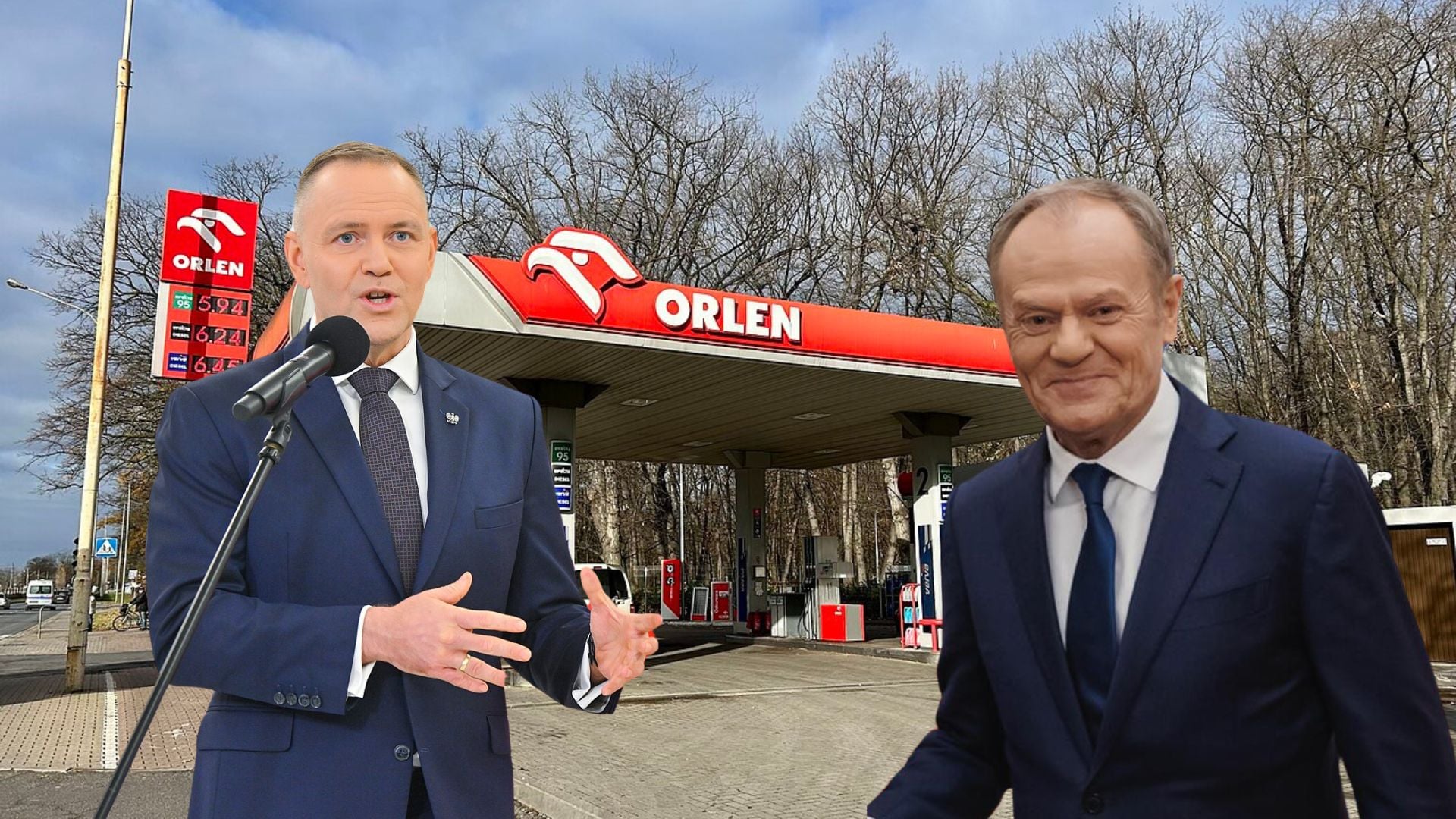 Prezydent Nawrocki i premier Tusk ze stacją benzynową w tle