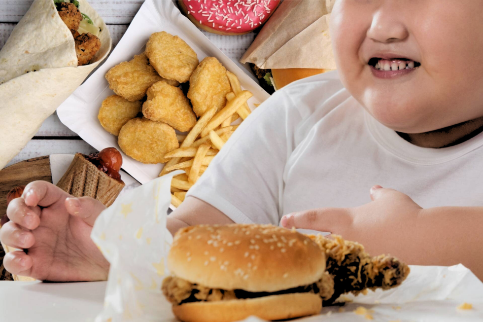 Otyłe dziecko (widoczna tylko dolna część twarzy) z burgerem, w tle nuggetsy, hot dogi, tortilla i pączek