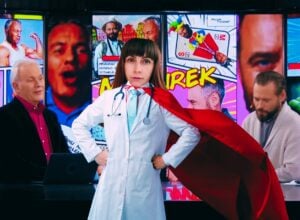 Kadr z programu Mazurek & Stanowski w Kanale Zero, przy stole po lewej stronie Robert Mazurek, po prawej Krzysztof Stanowski, na środku wklejona postać Gizeli Jagielskiej w białym kitlu i czerwonej pelerynie