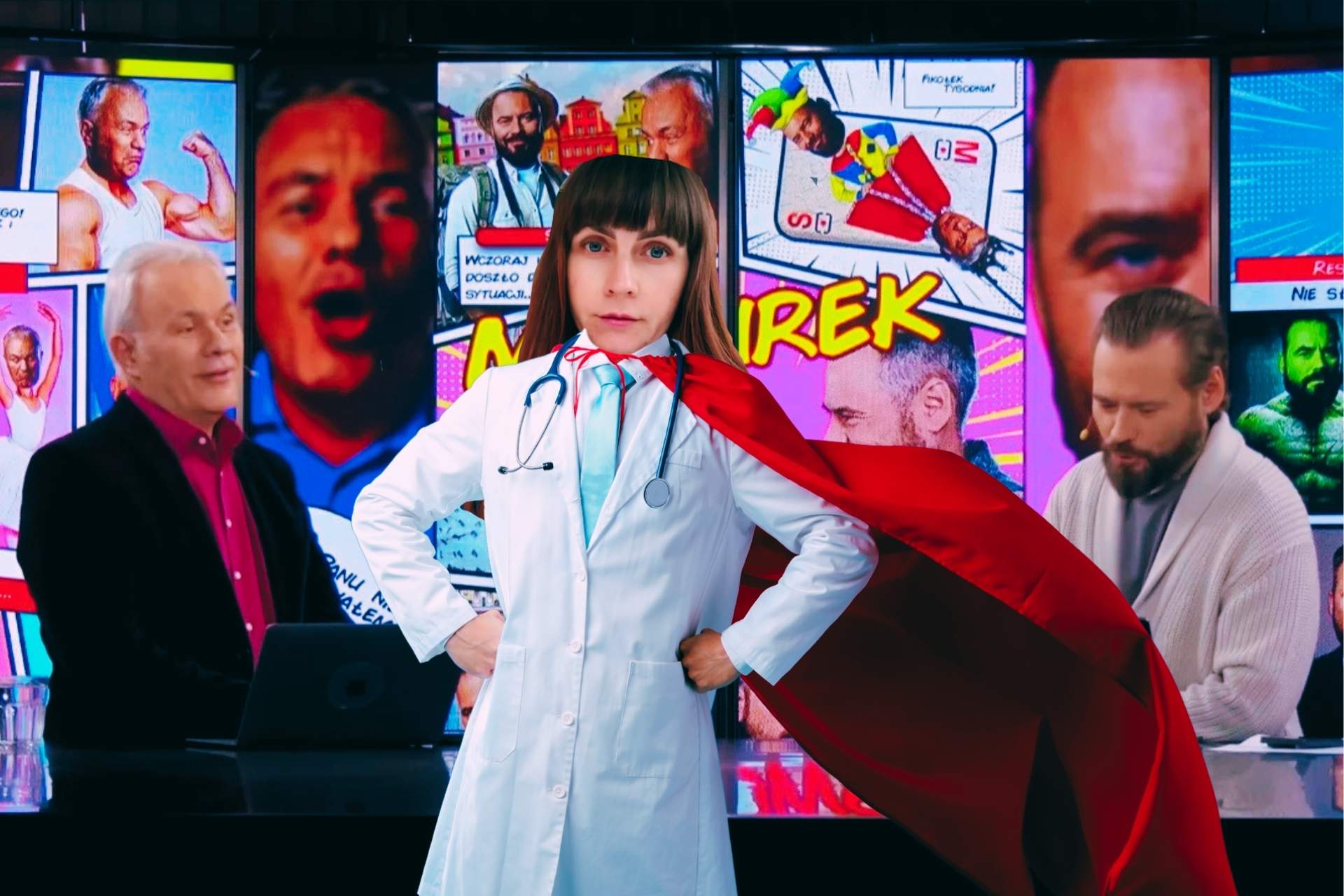 Kadr z programu Mazurek & Stanowski w Kanale Zero, przy stole po lewej stronie Robert Mazurek, po prawej Krzysztof Stanowski, na środku wklejona postać Gizeli Jagielskiej w białym kitlu i czerwonej pelerynie
