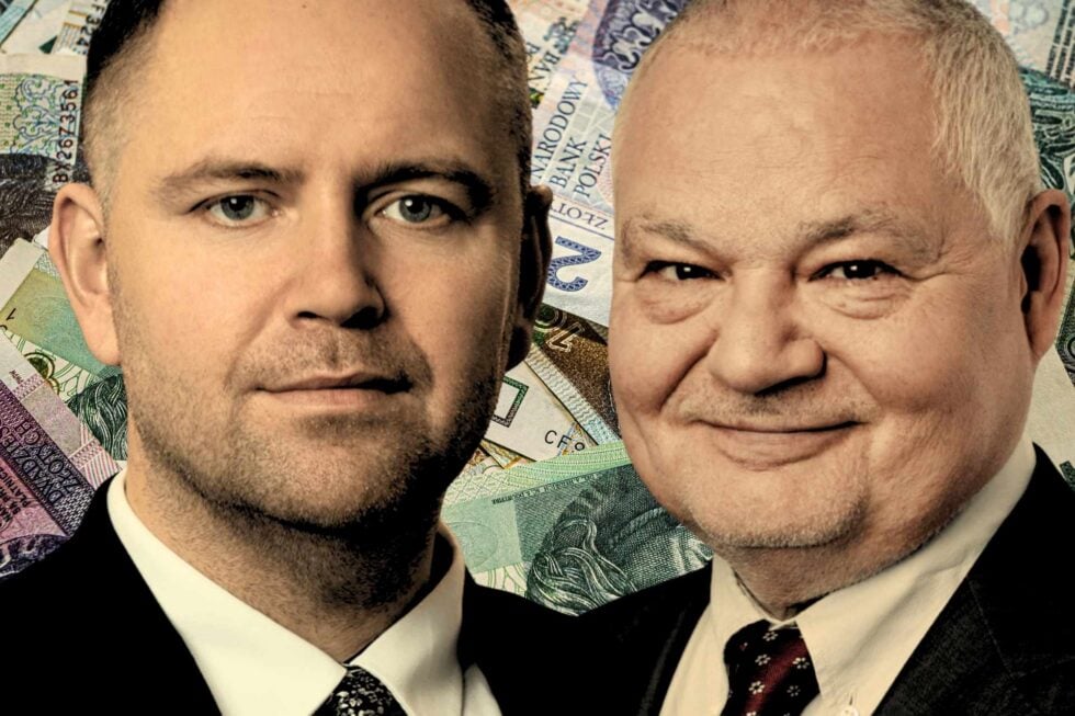 Karol Nawrocki i Adam Glapiński na tle polskich banknotów