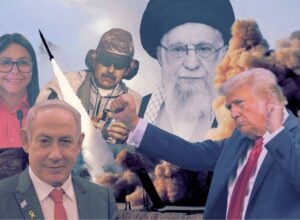 Kolaż, pośród wybuchów Delcy Rodríguez, Nicolás Maduro, Ali Chamenei, Benjamin Netanjahu i Donald Trump