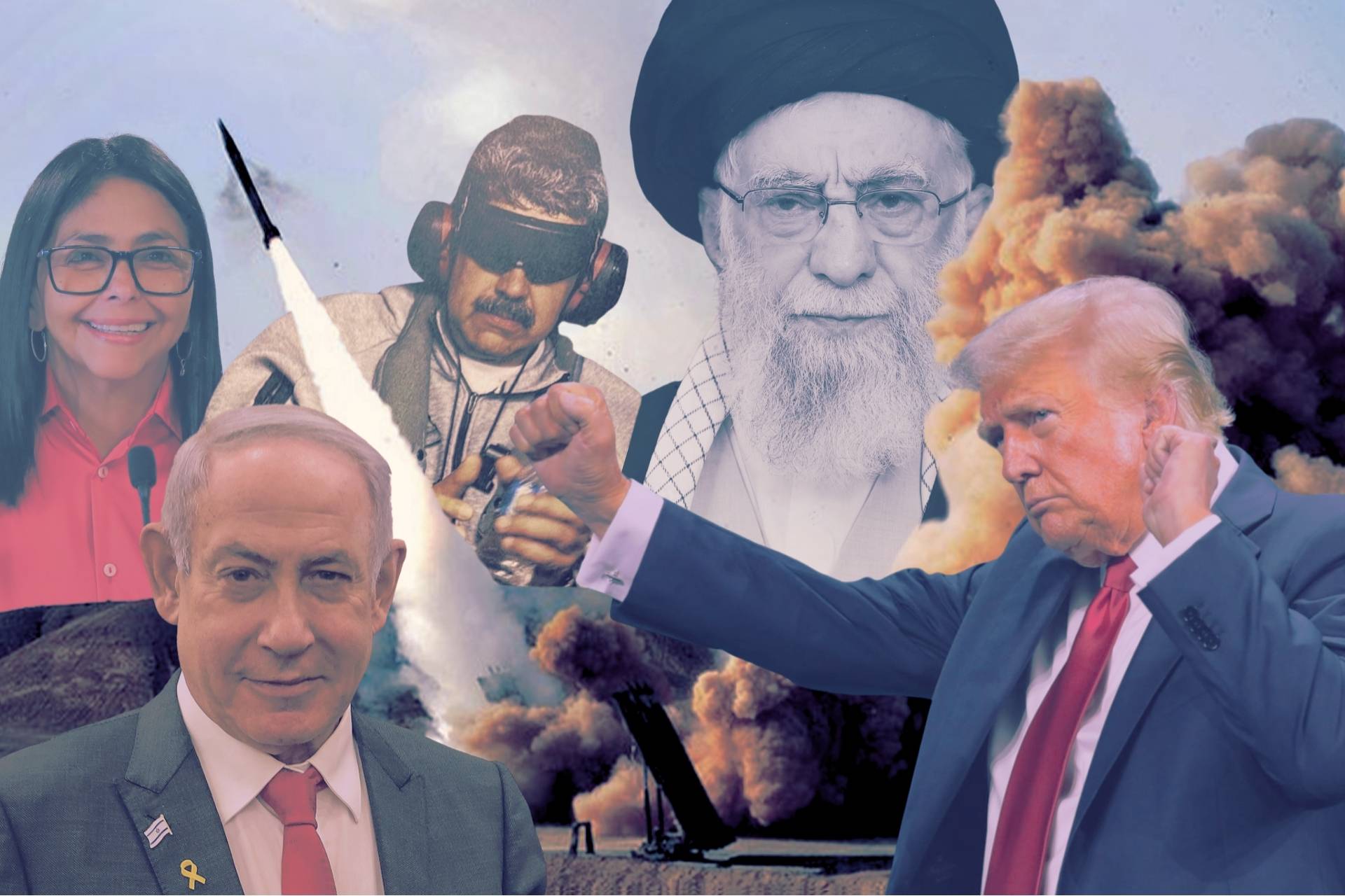 Kolaż, pośród wybuchów Delcy Rodríguez, Nicolás Maduro, Ali Chamenei, Benjamin Netanjahu i Donald Trump