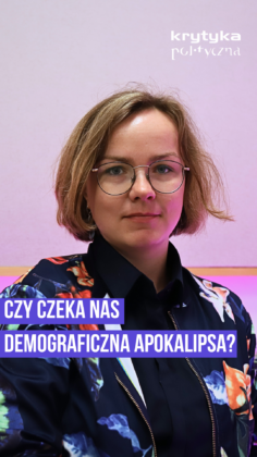 Portrait of a woman with round glasses and a floral jacket against a pink wall, overlaid with Polish headline: 'Czy czeka nas demograficzna apokalipsa?'