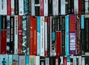 Grzbiety anglojęzycznych książek ustawionych na półce