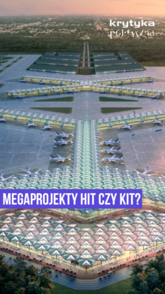 Futuristic airport megaproject with stacked terminals and many planes, overlaid with Polish title 'Megaprojekty Hit czy Kit?'