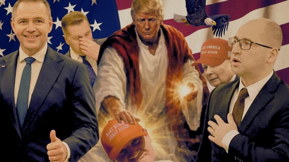 Wygenerowany przez AI Donald Trump jako Jezus kładzie dłoń na głowie Dominika Tarczyńskiego w czapce "Make Europe Great Again", po lewej Karol Nawrocki unoszący kciuk do góry, za nim Przemysław Czarnek zasłaniający dłonią twarz, po prawej Adam Bielan patrzący na Trumpa trzymając rękę na Piersi, za nim Jarosław Kaczyński w czapce MAGA, nad nim orzeł