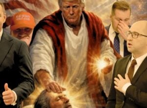 Grafika udostępniona przez Donalda Trumpa, ukazująca go jako Jezusa leczącego chorego, po prawej stronie doklejeni Adam Bielan trzymający rękę na piersi oraz Przemysław Czarnej dotykający dłonią twarzy, po lewej stronie Karol Nawrocki unoszący kciuk do góry, za nim widoczny Dominik Tarczyński w kaszkietówce z hasłem "Make Europe Great Again"