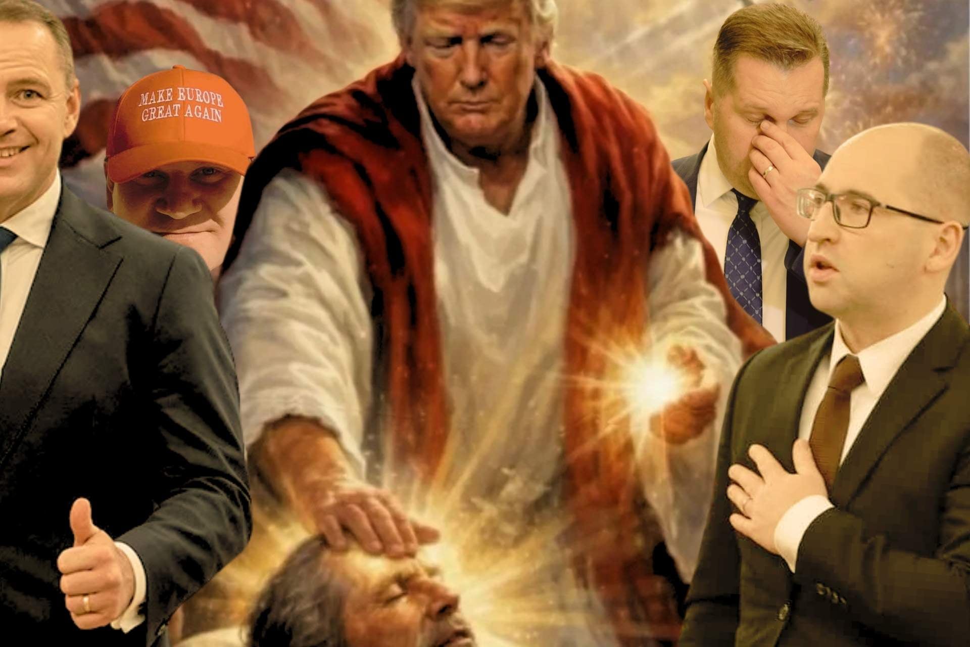 Grafika udostępniona przez Donalda Trumpa, ukazująca go jako Jezusa leczącego chorego, po prawej stronie doklejeni Adam Bielan trzymający rękę na piersi oraz Przemysław Czarnej dotykający dłonią twarzy, po lewej stronie Karol Nawrocki unoszący kciuk do góry, za nim widoczny Dominik Tarczyński w kaszkietówce z hasłem "Make Europe Great Again"