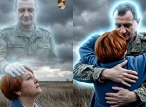 Obraz wygenerowany przez AI, podzielony na pół. Po lewej: rosyjski żołnierz ukazujący się na szarym zachmurzonym niebie, na dole kobieta w średnim wieku patrząca w górę. Po prawej: żołnierz trzyma kobietę w ramionach