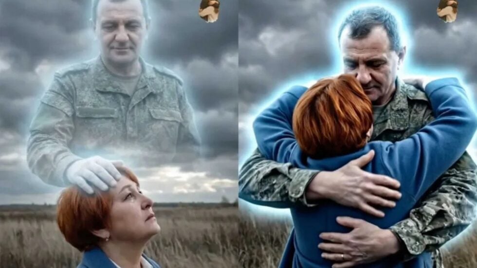 Obraz wygenerowany przez AI, podzielony na pół. Po lewej: rosyjski żołnierz ukazujący się na szarym zachmurzonym niebie, na dole kobieta w średnim wieku patrząca w górę. Po prawej: żołnierz trzyma kobietę w ramionach