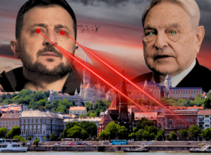 Widok na Budapeszt, czerwone niebo, a na nim twarze Wołodymyra Zełenskiego, który atakuje miasto czerwonymi laserami z oczu, po prawej stronie George Soros z oczami węża