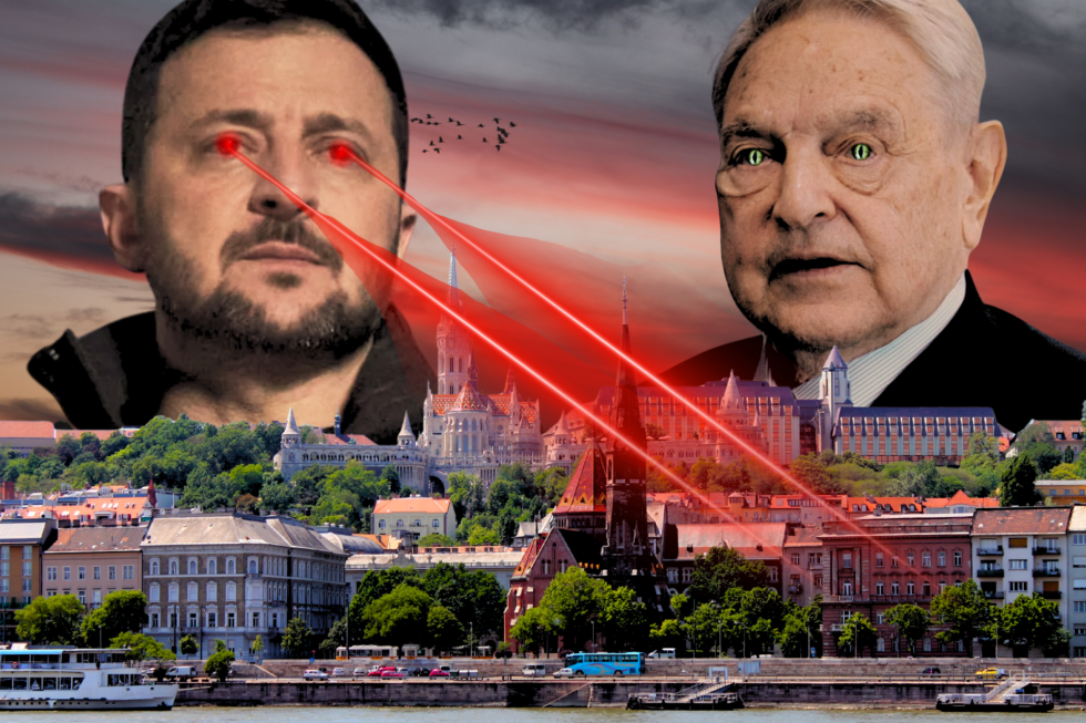 Widok na Budapeszt, czerwone niebo, a na nim twarze Wołodymyra Zełenskiego, który atakuje miasto czerwonymi laserami z oczu, po prawej stronie George Soros z oczami węża