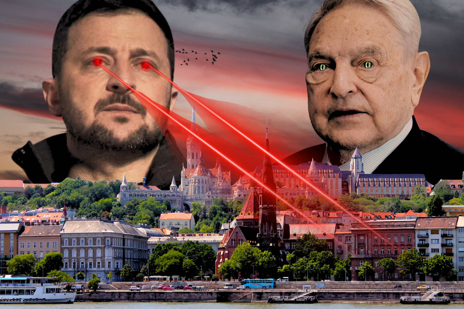 Widok na Budapeszt, czerwone niebo, a na nim twarze Wołodymyra Zełenskiego, który atakuje miasto czerwonymi laserami z oczu, po prawej stronie George Soros z oczami węża
