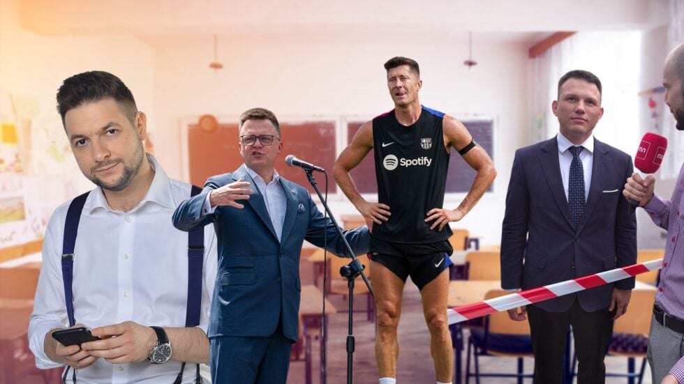 Four men at a press event in a classroom: a man in suspenders looks at his phone, a speaker at a mic, a runner in Barcelona kit, and an interviewer with a red mic.