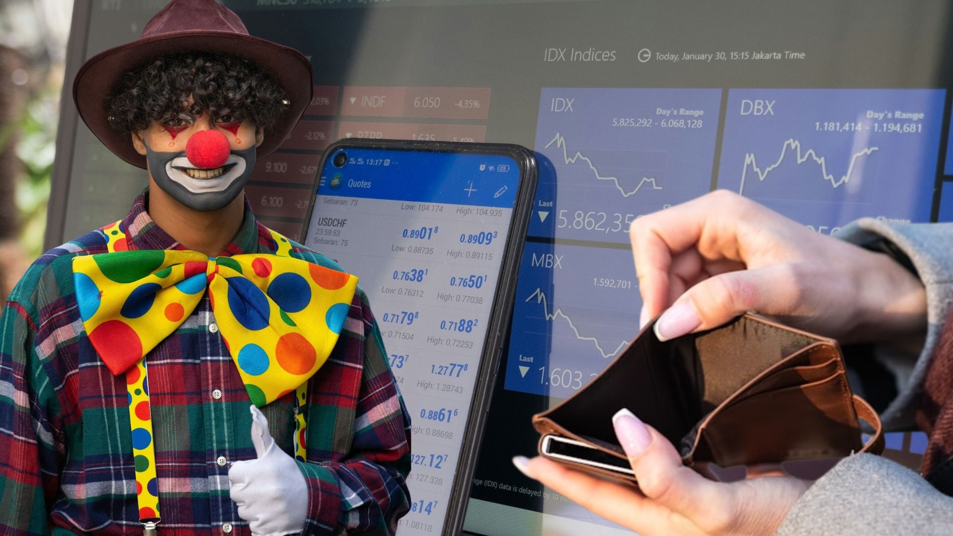 Clown with red nose and painted smile wearing a colorful bow tie and plaid shirt, posing beside stock market screens.