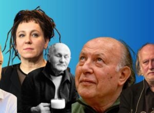 Collage of six adults against a blue gradient background, some looking up or to the side, close-up portraits.
