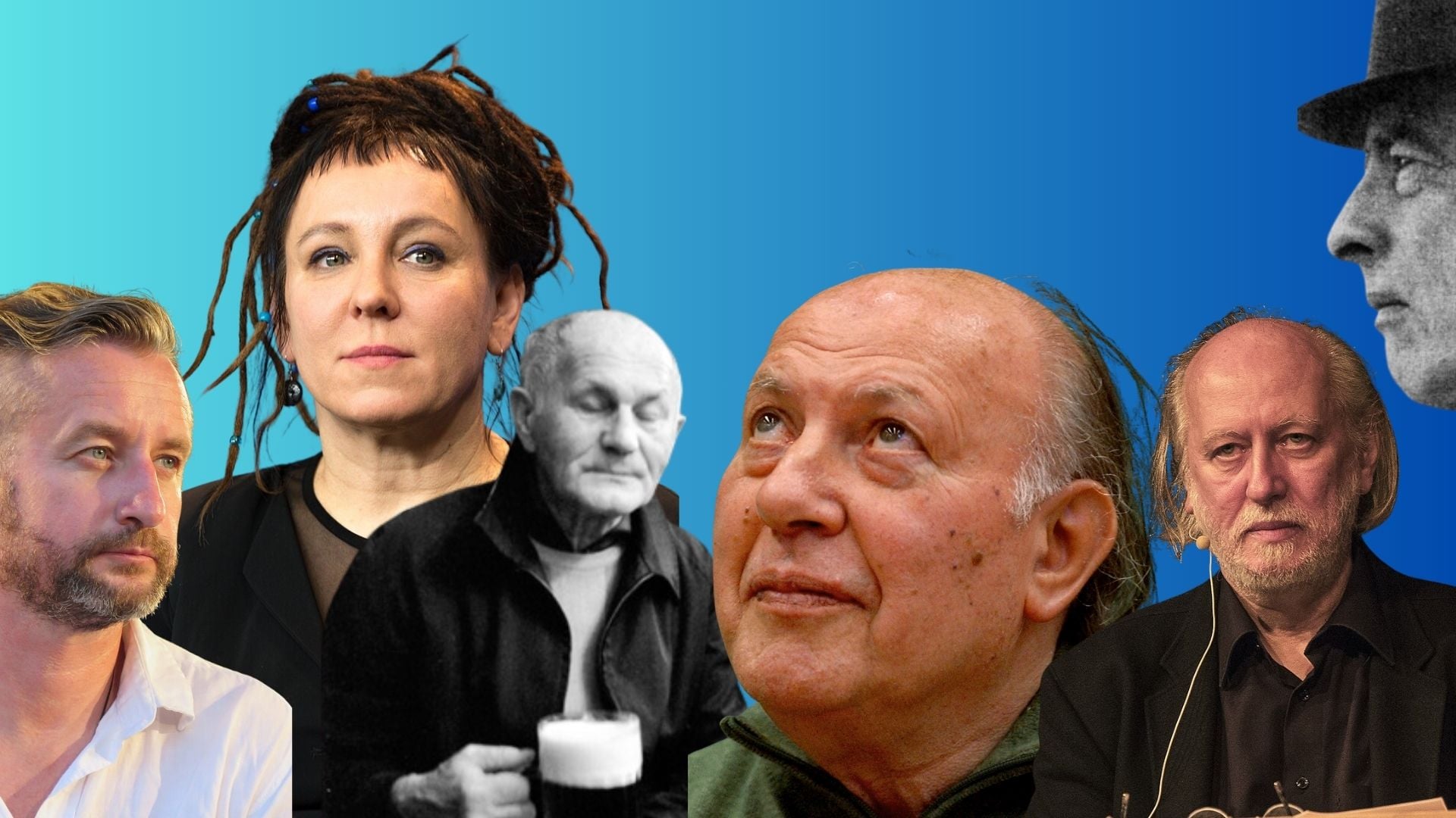 Collage of six adults against a blue gradient background, some looking up or to the side, close-up portraits.